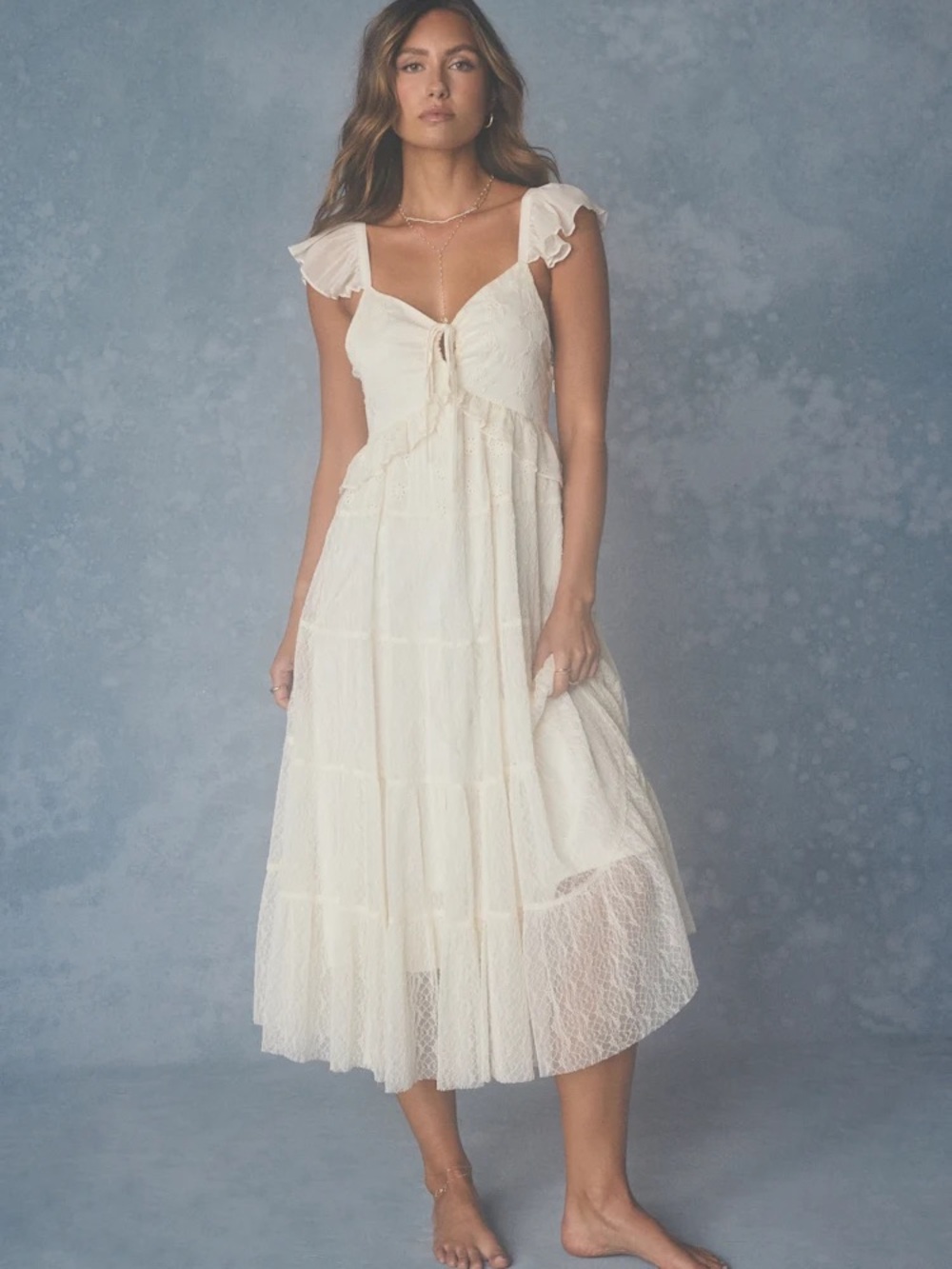 Lulus Meli Cream Mixed Media Tiered Midi Dress Off White Size S - NWT